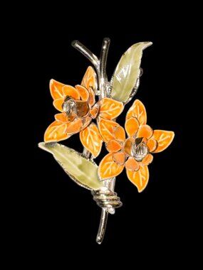Enamel on Metal Brooch Floral Orange and Silver Tone